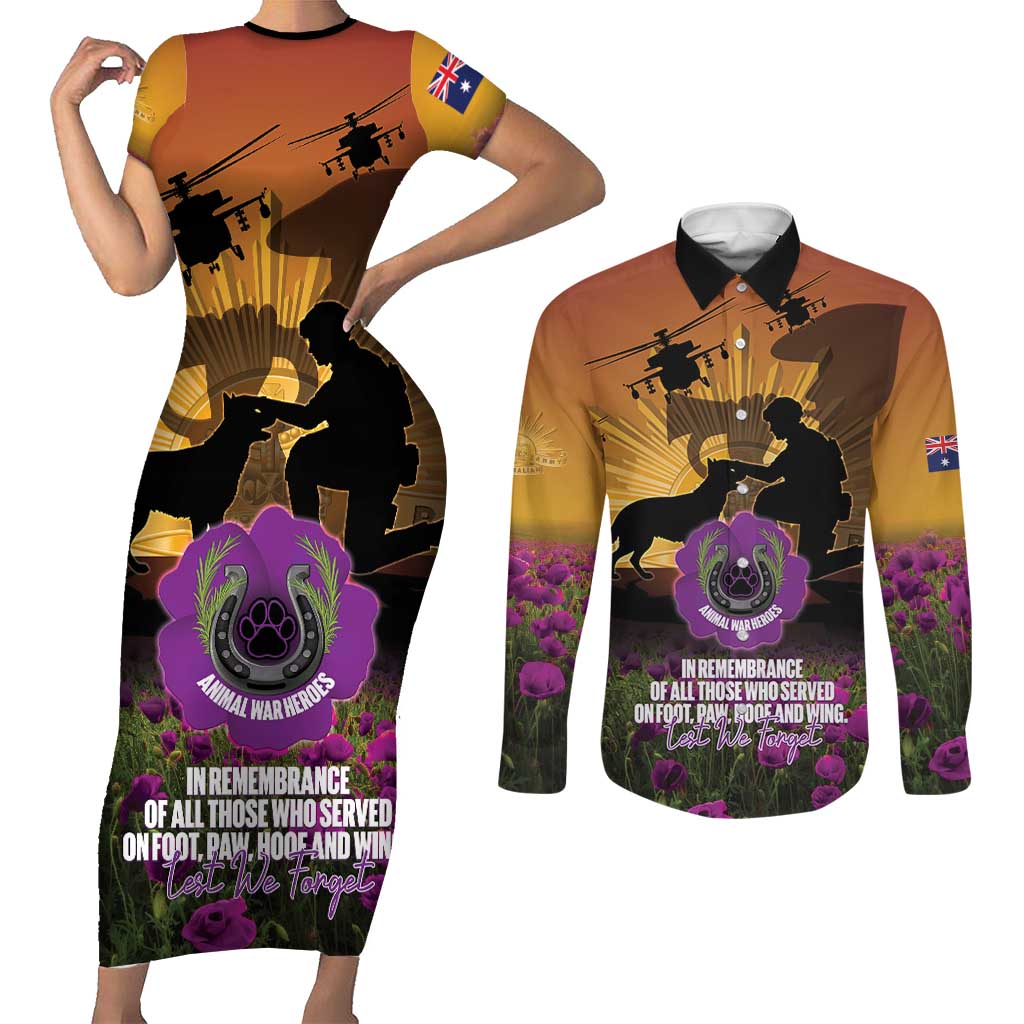 Animal War Heroes Australia ANZAC Day Couples Matching Short Sleeve Bodycon Dress and Long Sleeve Button Shirt We Will Always Remember Them