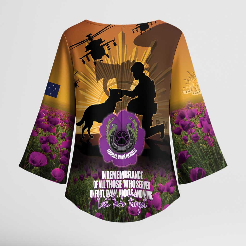 Animal War Heroes Australia ANZAC Day Kimono Sleeve Blouse We Will Always Remember Them