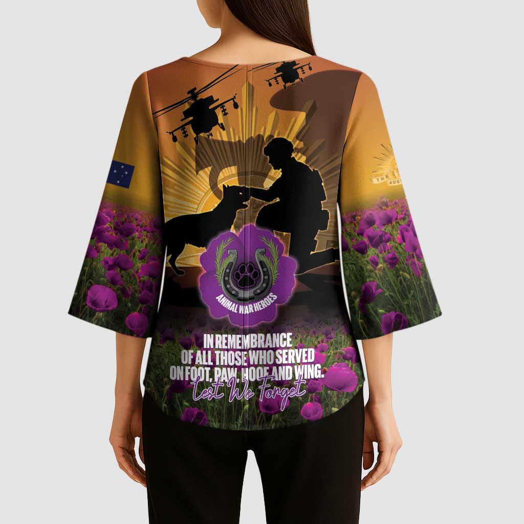 Animal War Heroes Australia ANZAC Day Kimono Sleeve Blouse We Will Always Remember Them