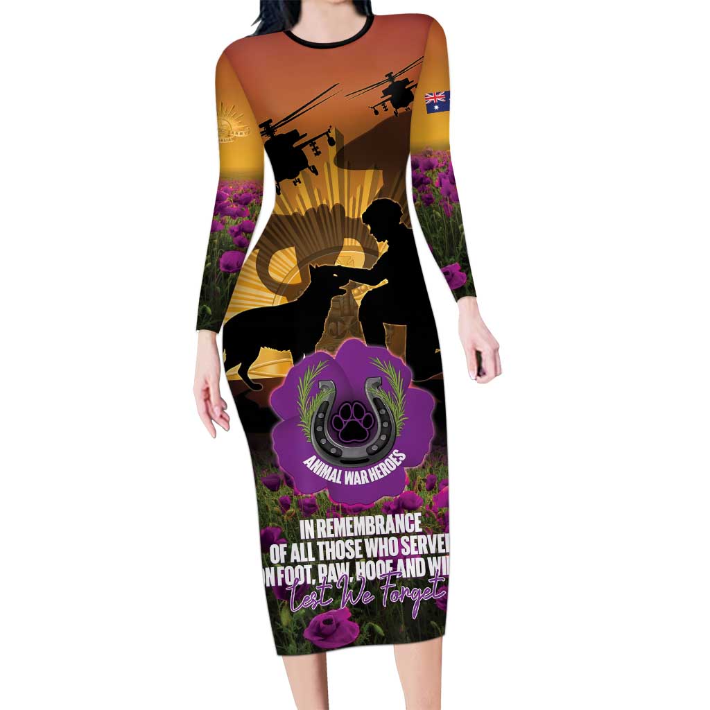 Animal War Heroes Australia ANZAC Day Long Sleeve Bodycon Dress We Will Always Remember Them