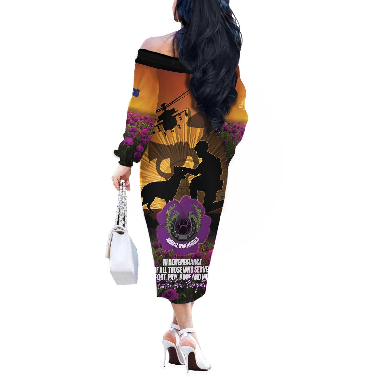 Animal War Heroes Australia ANZAC Day Off The Shoulder Long Sleeve Dress We Will Always Remember Them