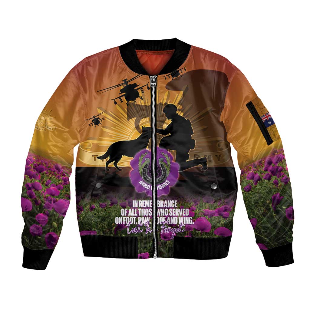Animal War Heroes Australia ANZAC Day Sleeve Zip Bomber Jacket We Will Always Remember Them