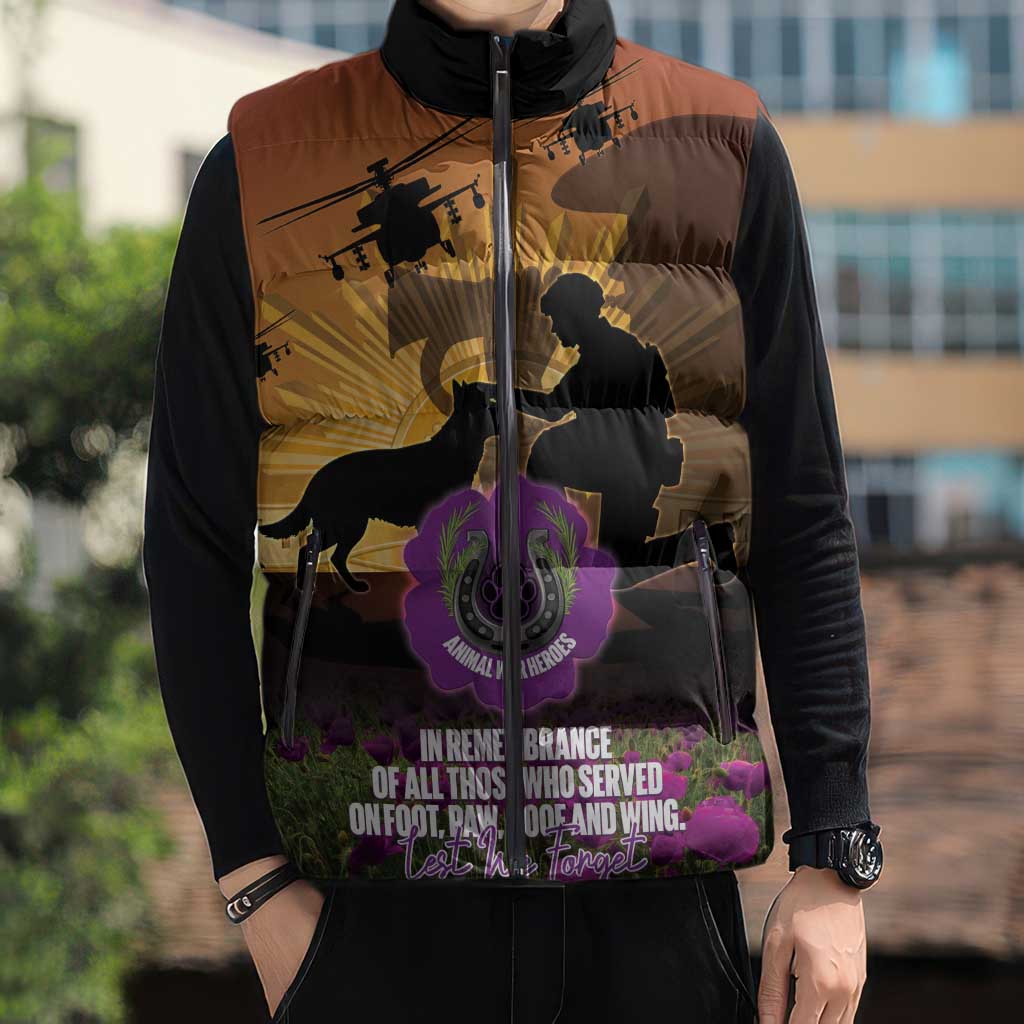 Animal War Heroes Australia ANZAC Day Sleeveless Puffer Jacket We Will Always Remember Them