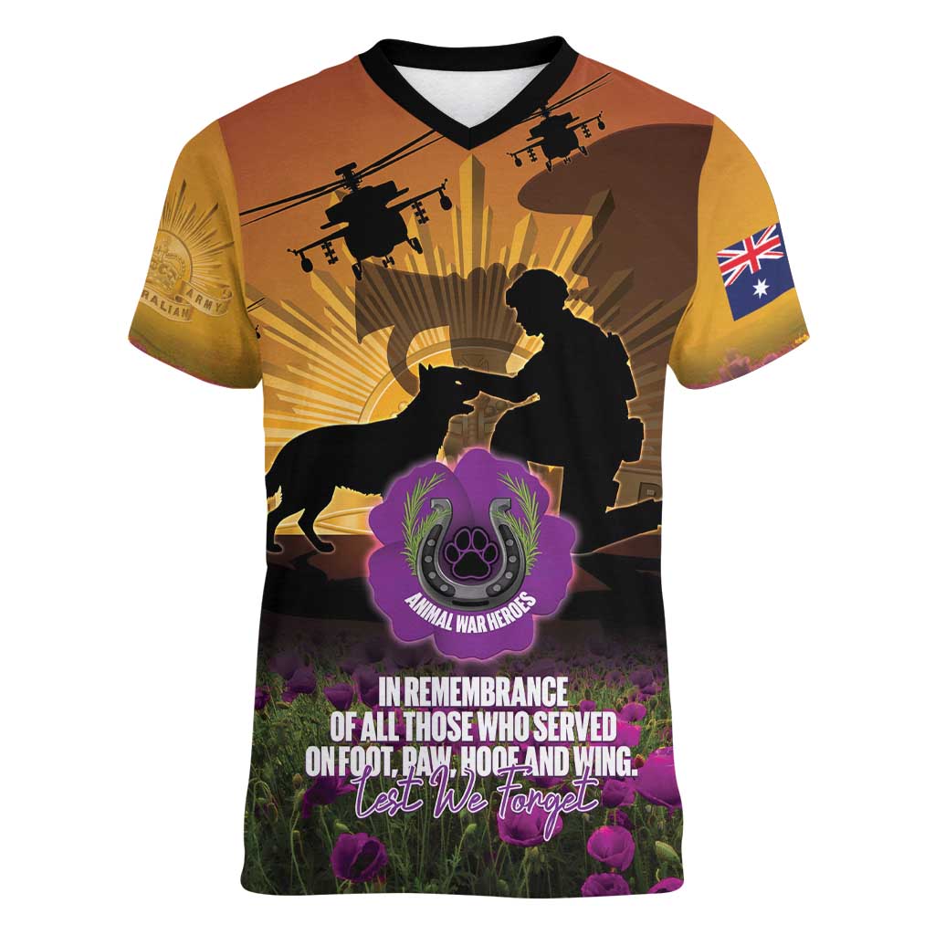 Animal War Heroes Australia ANZAC Day Women V-Neck T-Shirt We Will Always Remember Them