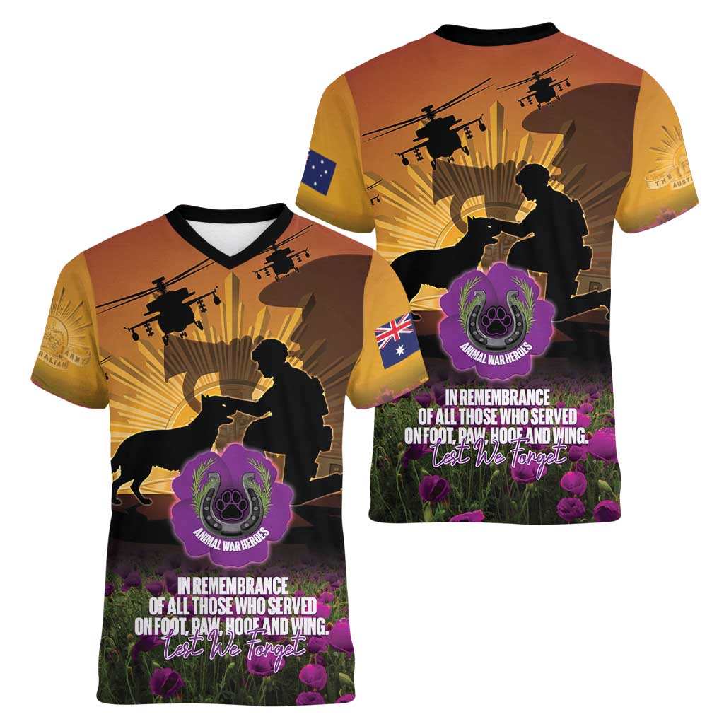 Animal War Heroes Australia ANZAC Day Women V-Neck T-Shirt We Will Always Remember Them