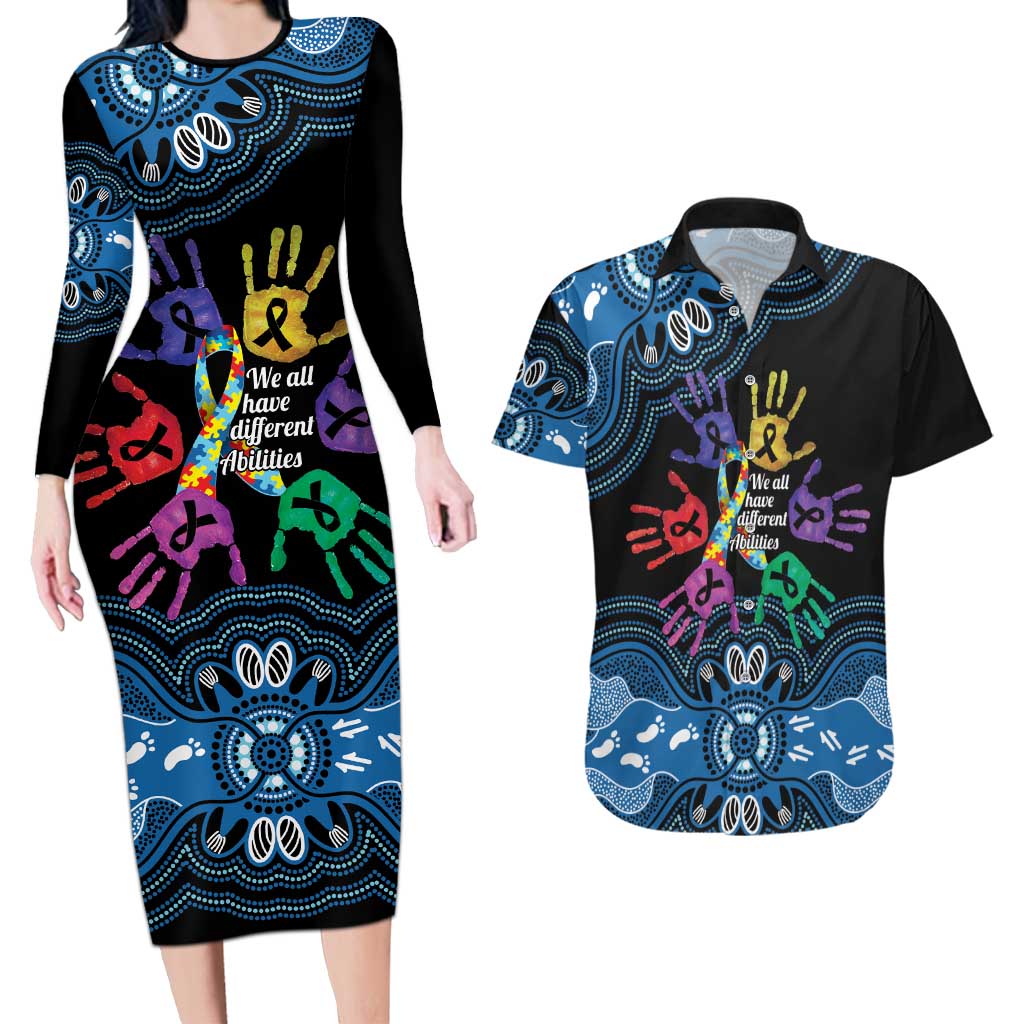 Autism Awareness Australia Indigenous Couples Matching Long Sleeve Bodycon Dress and Hawaiian Shirt We All Have Different Abilities