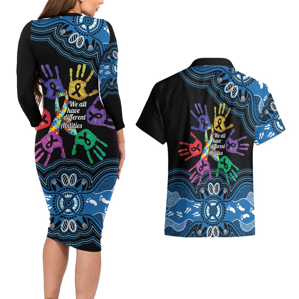 Autism Awareness Australia Indigenous Couples Matching Long Sleeve Bodycon Dress and Hawaiian Shirt We All Have Different Abilities