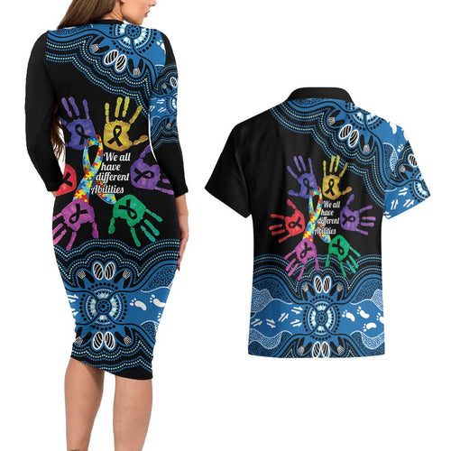 Autism Awareness Australia Indigenous Couples Matching Long Sleeve Bodycon Dress and Hawaiian Shirt We All Have Different Abilities