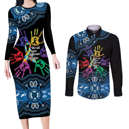 Autism Awareness Australia Indigenous Couples Matching Long Sleeve Bodycon Dress and Long Sleeve Button Shirt We All Have Different Abilities
