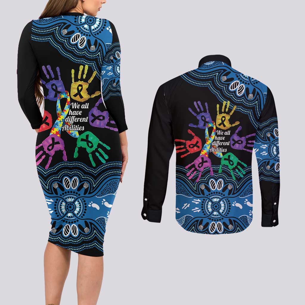 Autism Awareness Australia Indigenous Couples Matching Long Sleeve Bodycon Dress and Long Sleeve Button Shirt We All Have Different Abilities