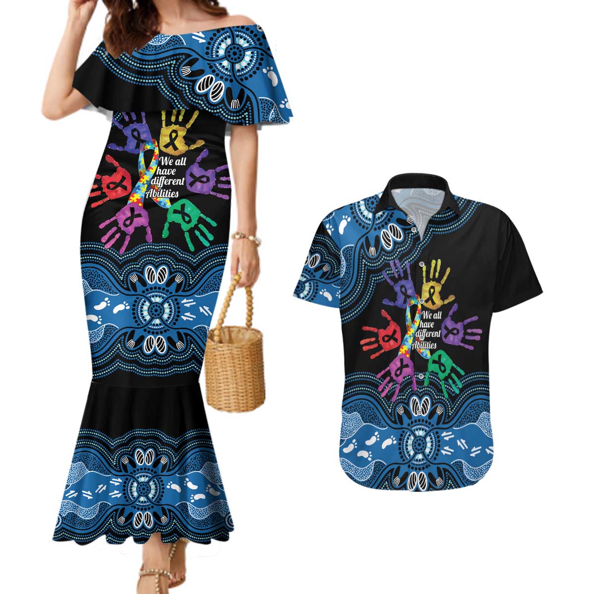 Autism Awareness Australia Indigenous Couples Matching Mermaid Dress and Hawaiian Shirt We All Have Different Abilities