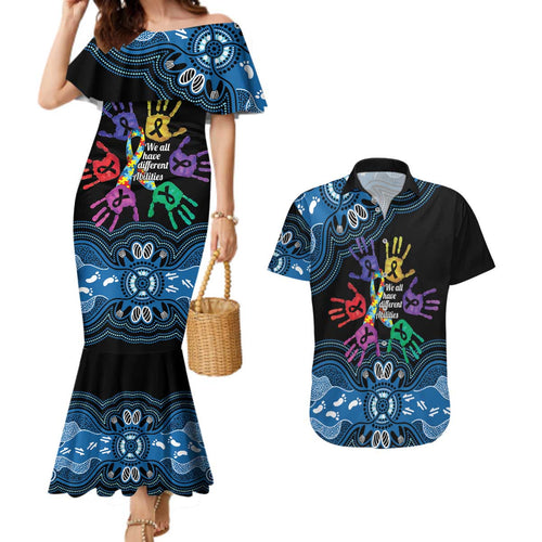 Autism Awareness Australia Indigenous Couples Matching Mermaid Dress and Hawaiian Shirt We All Have Different Abilities