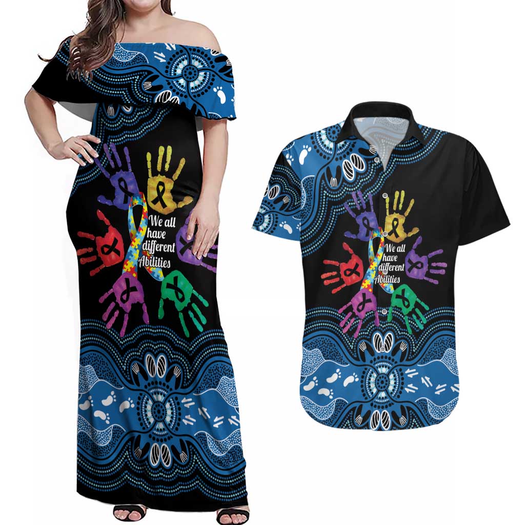 Autism Awareness Australia Indigenous Couples Matching Off Shoulder Maxi Dress and Hawaiian Shirt We All Have Different Abilities