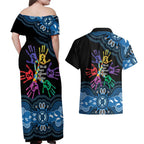 Autism Awareness Australia Indigenous Couples Matching Off Shoulder Maxi Dress and Hawaiian Shirt We All Have Different Abilities