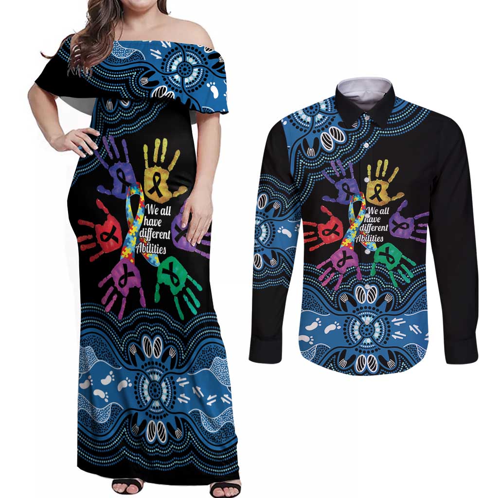 Autism Awareness Australia Indigenous Couples Matching Off Shoulder Maxi Dress and Long Sleeve Button Shirt We All Have Different Abilities