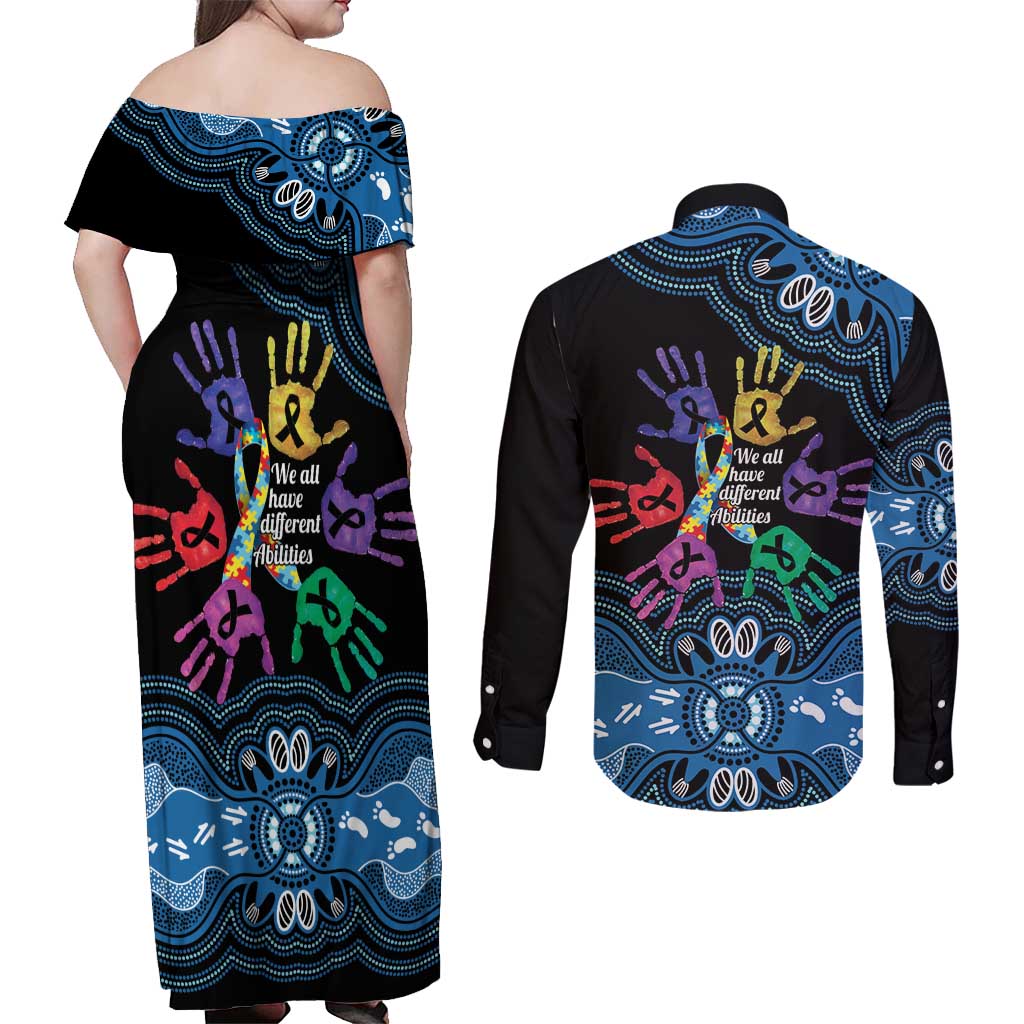 Autism Awareness Australia Indigenous Couples Matching Off Shoulder Maxi Dress and Long Sleeve Button Shirt We All Have Different Abilities