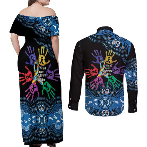 Autism Awareness Australia Indigenous Couples Matching Off Shoulder Maxi Dress and Long Sleeve Button Shirt We All Have Different Abilities