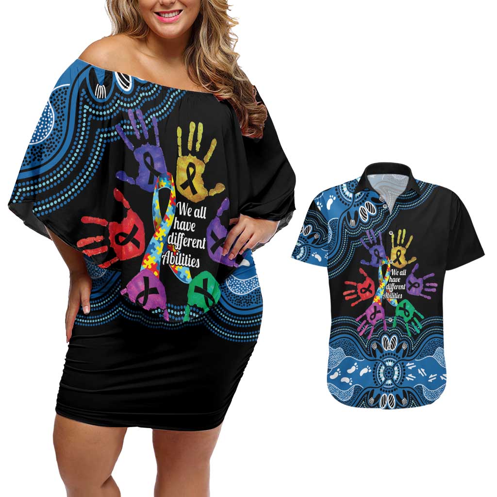 Autism Awareness Australia Indigenous Couples Matching Off Shoulder Short Dress and Hawaiian Shirt We All Have Different Abilities