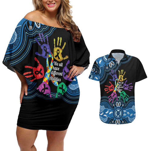 Autism Awareness Australia Indigenous Couples Matching Off Shoulder Short Dress and Hawaiian Shirt We All Have Different Abilities