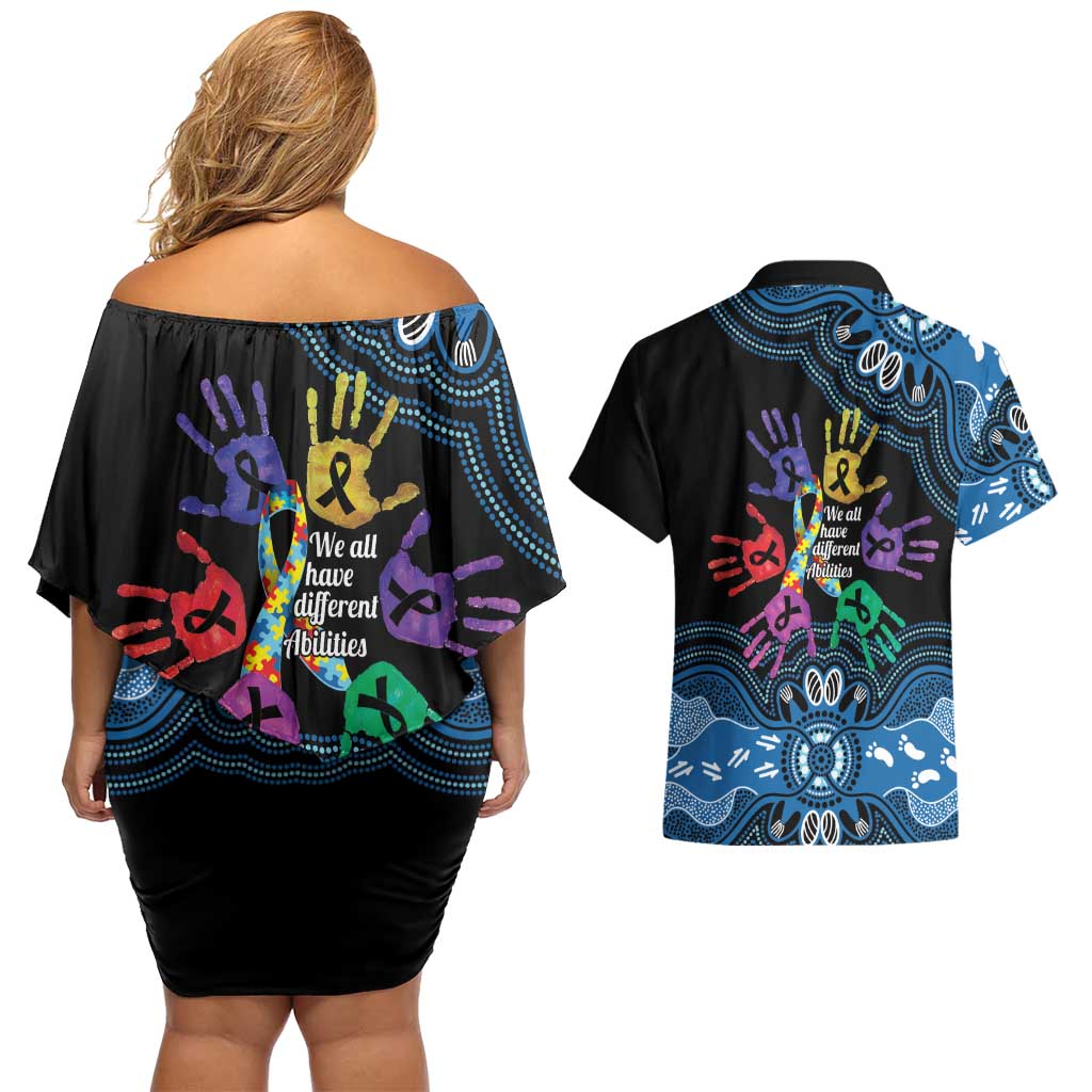 Autism Awareness Australia Indigenous Couples Matching Off Shoulder Short Dress and Hawaiian Shirt We All Have Different Abilities