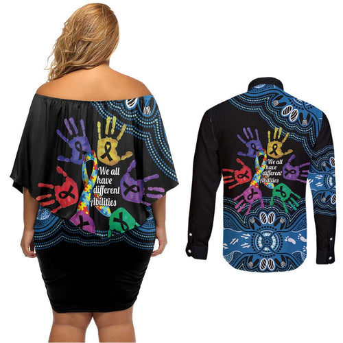 Autism Awareness Australia Indigenous Couples Matching Off Shoulder Short Dress and Long Sleeve Button Shirt We All Have Different Abilities