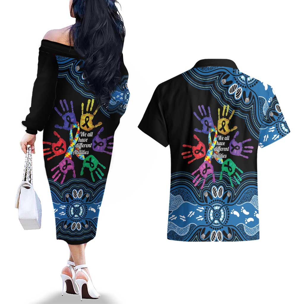 Autism Awareness Australia Indigenous Couples Matching Off The Shoulder Long Sleeve Dress and Hawaiian Shirt We All Have Different Abilities