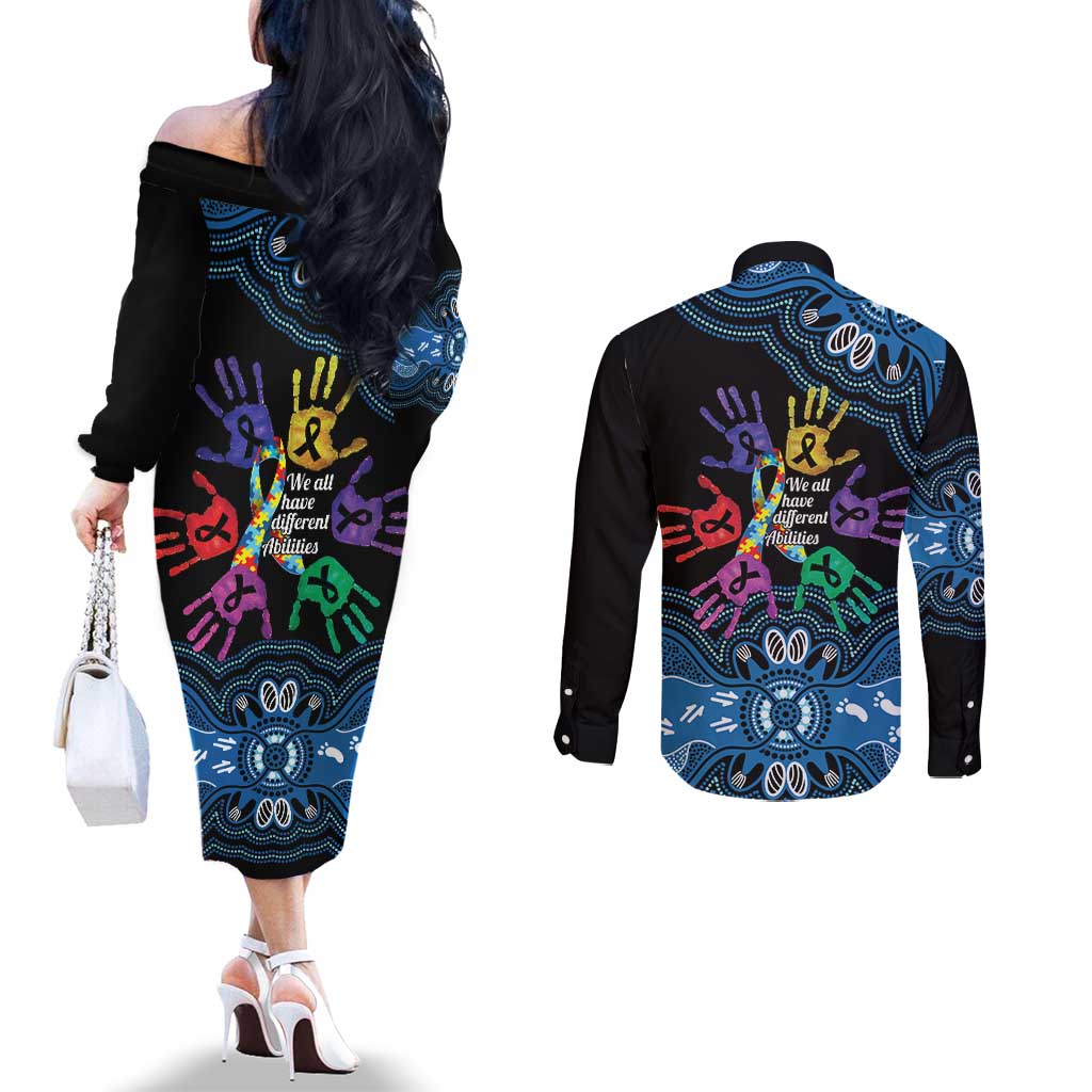 Autism Awareness Australia Indigenous Couples Matching Off The Shoulder Long Sleeve Dress and Long Sleeve Button Shirt We All Have Different Abilities
