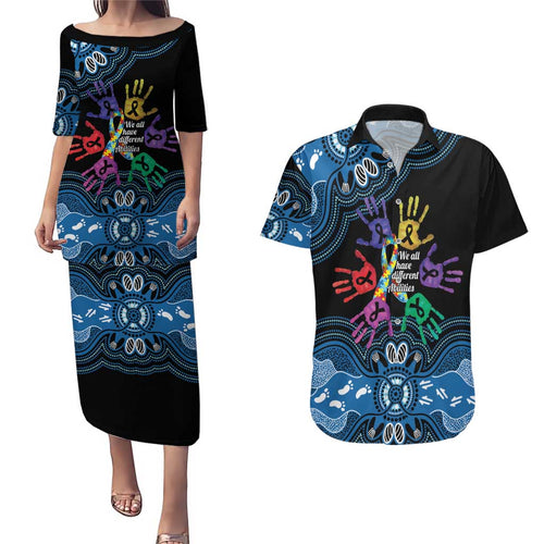 Autism Awareness Australia Indigenous Couples Matching Puletasi and Hawaiian Shirt We All Have Different Abilities