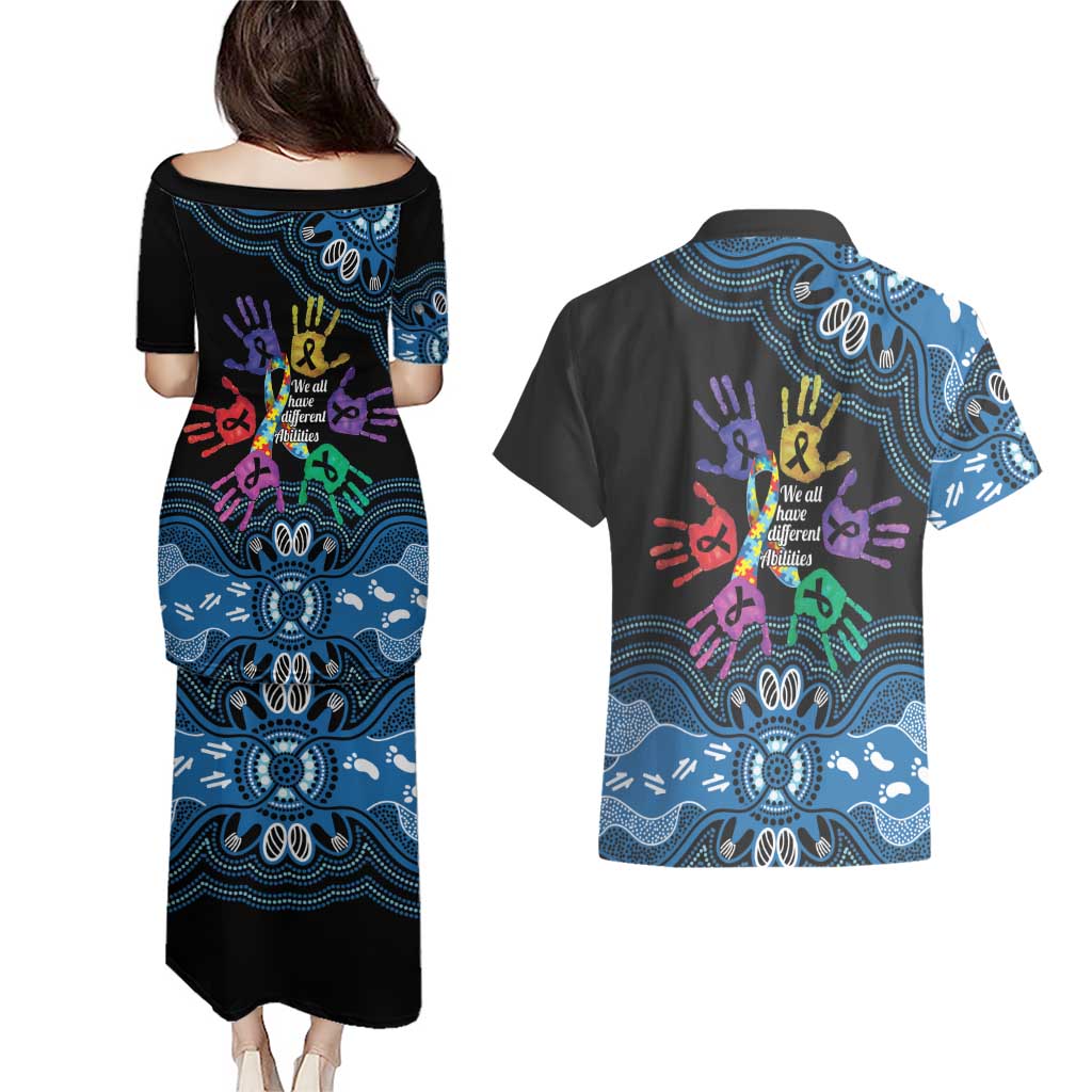 Autism Awareness Australia Indigenous Couples Matching Puletasi and Hawaiian Shirt We All Have Different Abilities