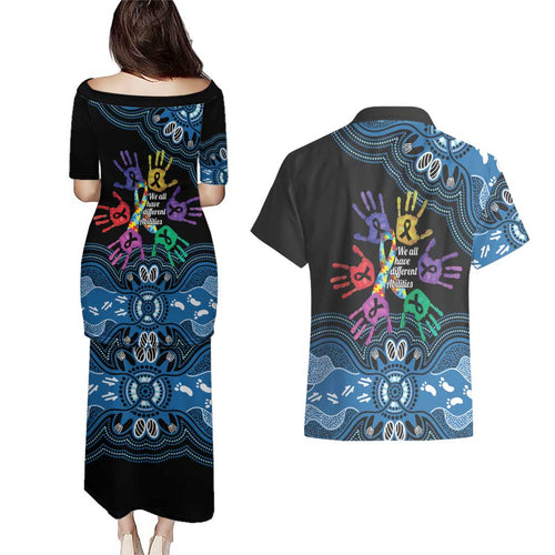 Autism Awareness Australia Indigenous Couples Matching Puletasi and Hawaiian Shirt We All Have Different Abilities