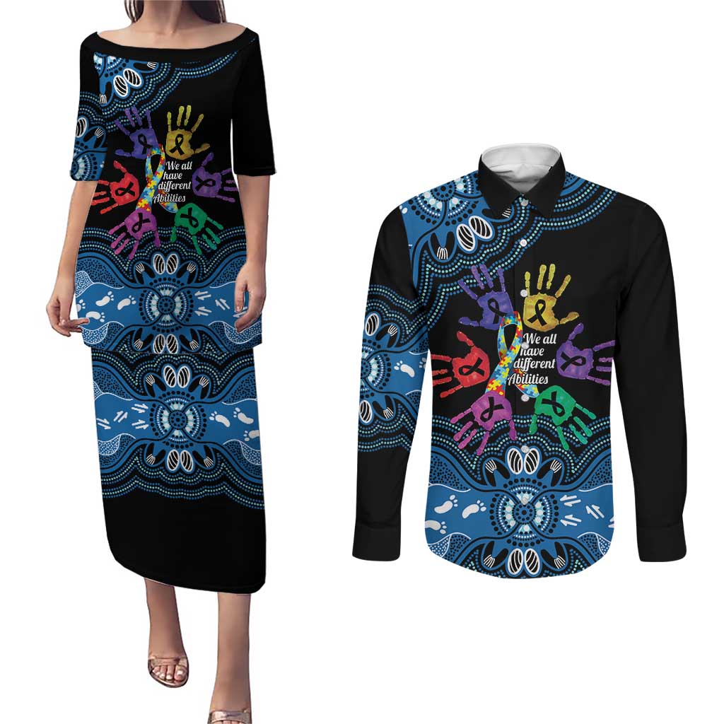 Autism Awareness Australia Indigenous Couples Matching Puletasi and Long Sleeve Button Shirt We All Have Different Abilities
