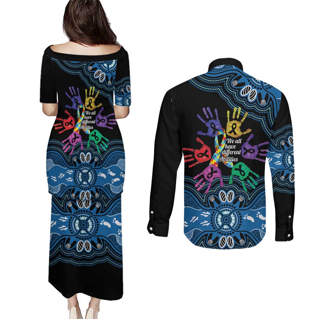 Autism Awareness Australia Indigenous Couples Matching Puletasi and Long Sleeve Button Shirt We All Have Different Abilities
