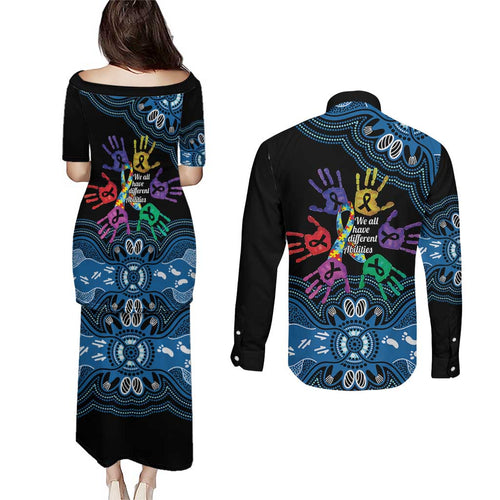 Autism Awareness Australia Indigenous Couples Matching Puletasi and Long Sleeve Button Shirt We All Have Different Abilities