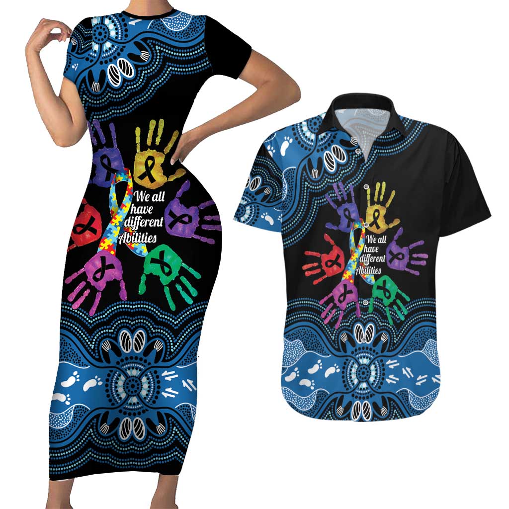 Autism Awareness Australia Indigenous Couples Matching Short Sleeve Bodycon Dress and Hawaiian Shirt We All Have Different Abilities