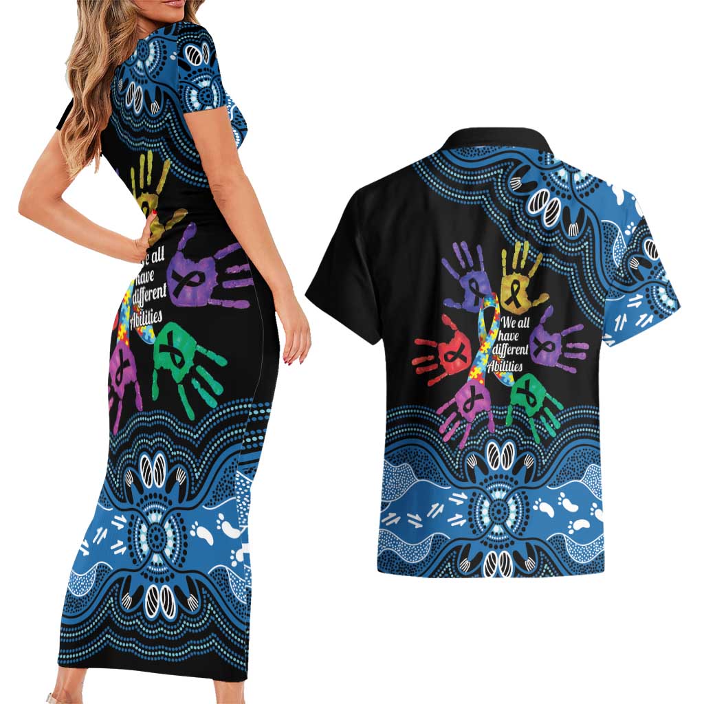 Autism Awareness Australia Indigenous Couples Matching Short Sleeve Bodycon Dress and Hawaiian Shirt We All Have Different Abilities