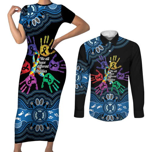Autism Awareness Australia Indigenous Couples Matching Short Sleeve Bodycon Dress and Long Sleeve Button Shirt We All Have Different Abilities