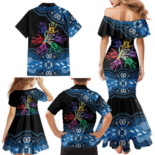 Autism Awareness Australia Indigenous Family Matching Mermaid Dress and Hawaiian Shirt We All Have Different Abilities