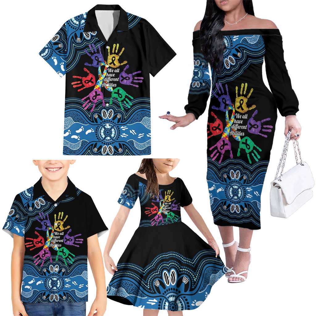 Autism Awareness Australia Indigenous Family Matching Off The Shoulder Long Sleeve Dress and Hawaiian Shirt We All Have Different Abilities