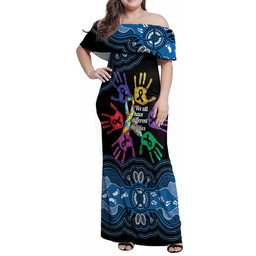 Autism Awareness Australia Indigenous Family Matching Off Shoulder Maxi Dress and Hawaiian Shirt We All Have Different Abilities