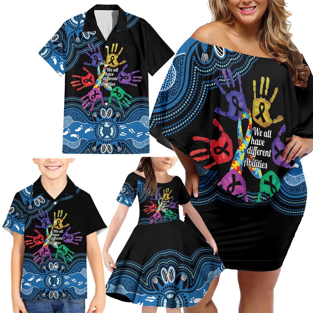 Autism Awareness Australia Indigenous Family Matching Off Shoulder Short Dress and Hawaiian Shirt We All Have Different Abilities