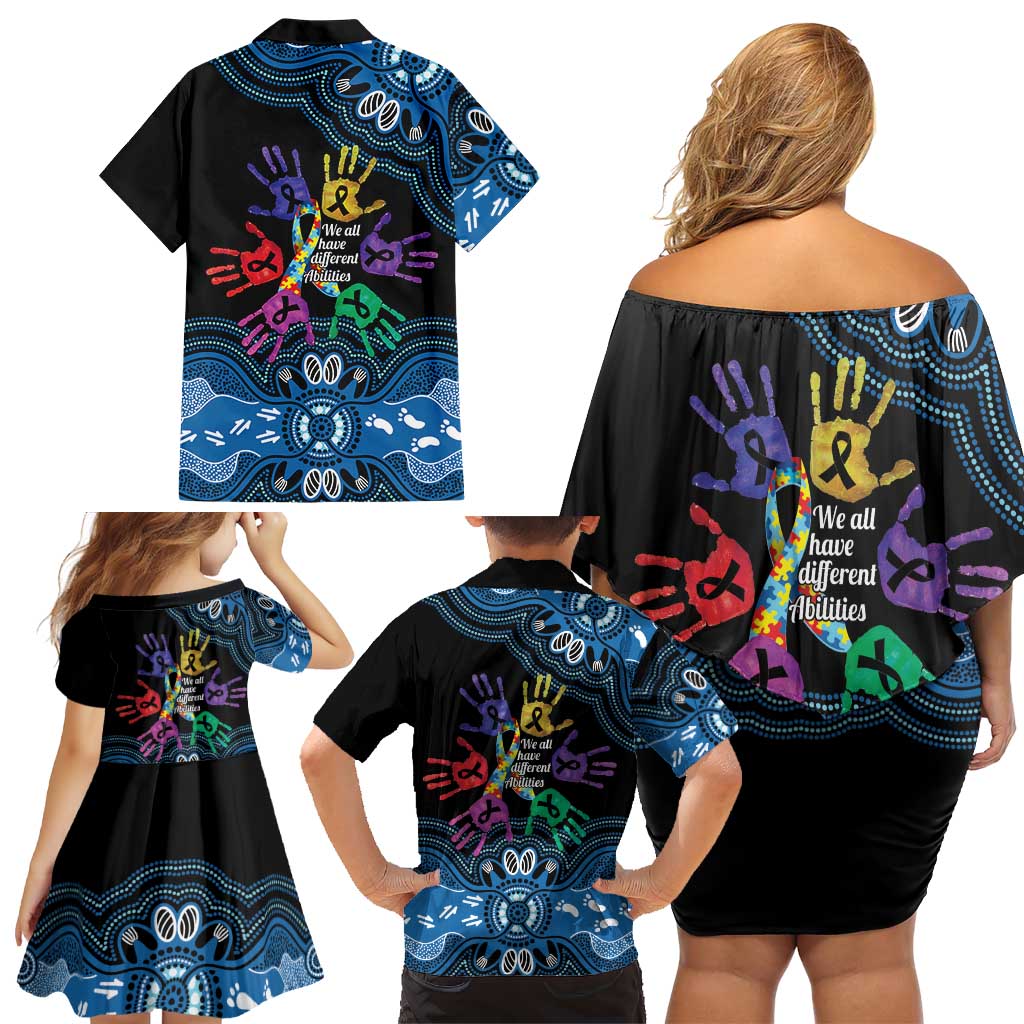 Autism Awareness Australia Indigenous Family Matching Off Shoulder Short Dress and Hawaiian Shirt We All Have Different Abilities