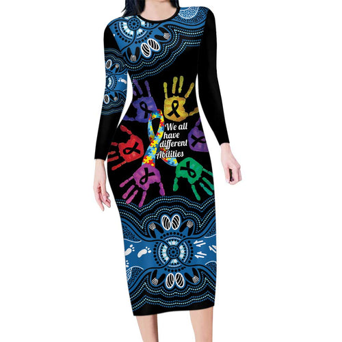 Autism Awareness Australia Indigenous Long Sleeve Bodycon Dress We All Have Different Abilities