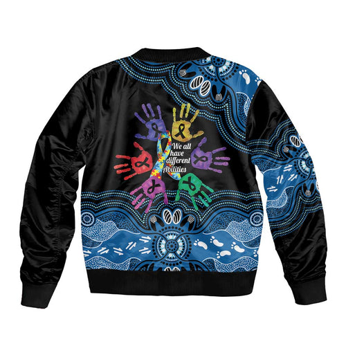 Autism Awareness Australia Indigenous Sleeve Zip Bomber Jacket We All Have Different Abilities