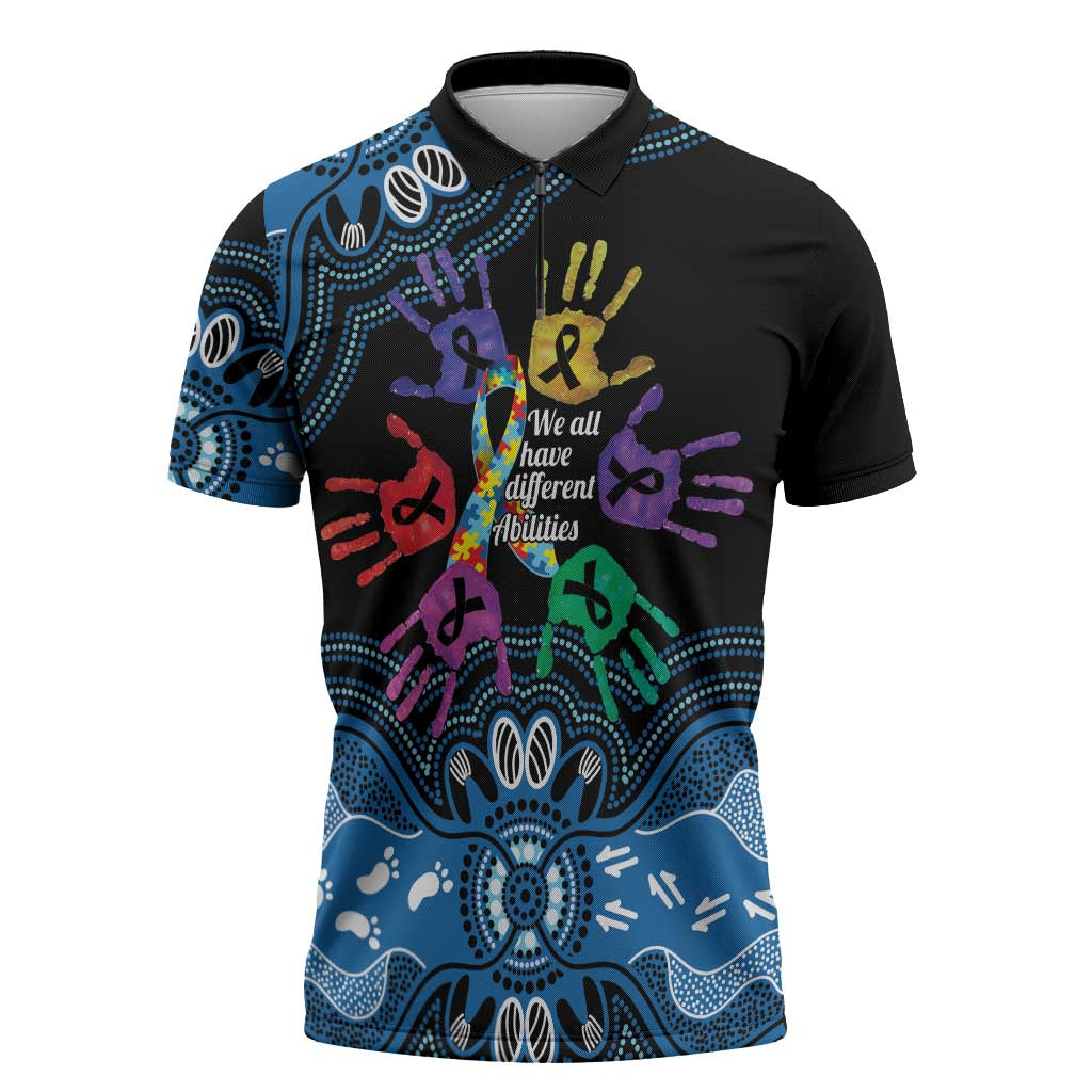 Autism Awareness Australia Indigenous Zipper Polo Shirt We All Have Different Abilities