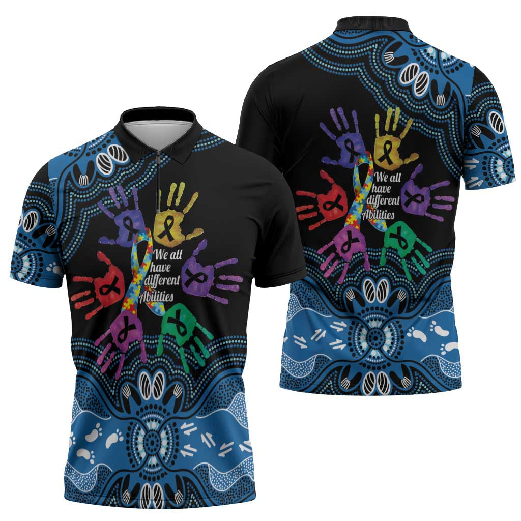Autism Awareness Australia Indigenous Zipper Polo Shirt We All Have Different Abilities
