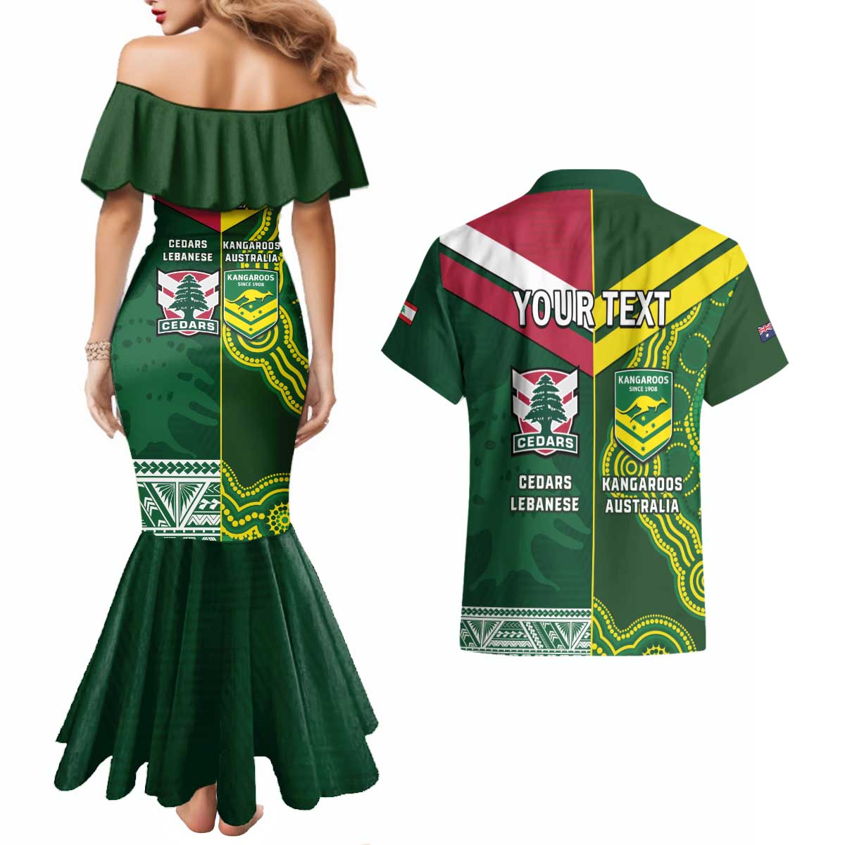 Custom Lebanon And Australia Rugby Couples Matching Mermaid Dress and Hawaiian Shirt Aussie Kangaroos Lebanese Cedars