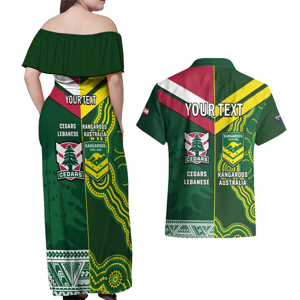 Custom Lebanon And Australia Rugby Couples Matching Off Shoulder Maxi Dress and Hawaiian Shirt Aussie Kangaroos Lebanese Cedars