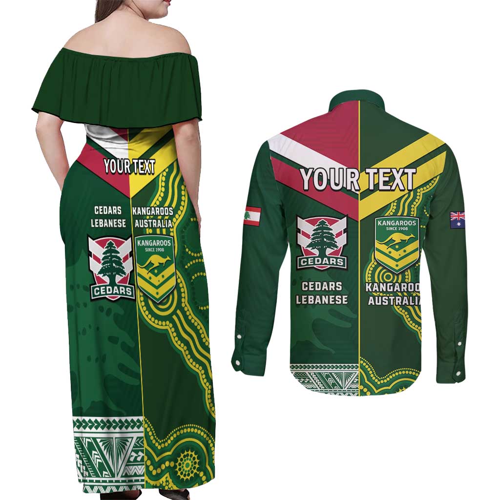 Custom Lebanon And Australia Rugby Couples Matching Off Shoulder Maxi Dress and Long Sleeve Button Shirt Aussie Kangaroos Lebanese Cedars