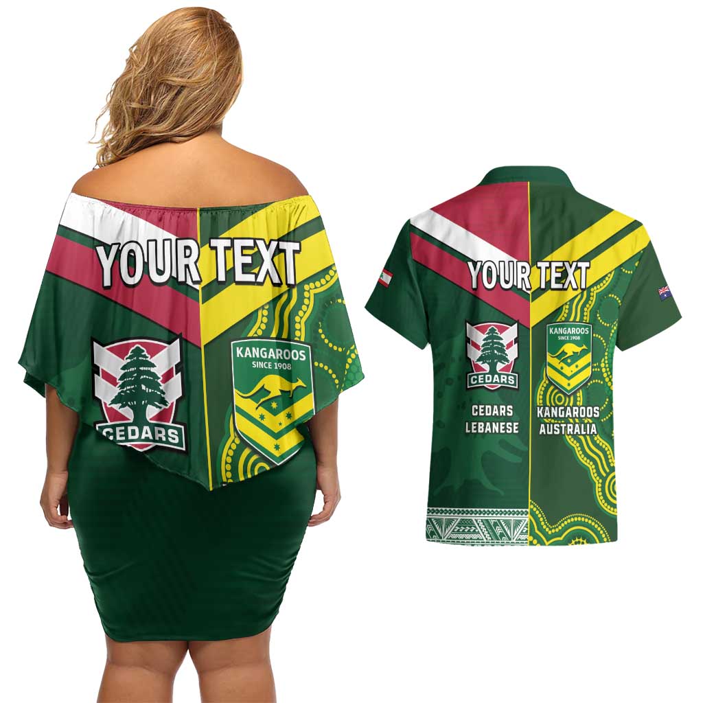 Custom Lebanon And Australia Rugby Couples Matching Off Shoulder Short Dress and Hawaiian Shirt Aussie Kangaroos Lebanese Cedars