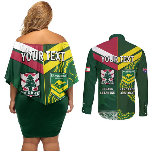 Custom Lebanon And Australia Rugby Couples Matching Off Shoulder Short Dress and Long Sleeve Button Shirt Aussie Kangaroos Lebanese Cedars